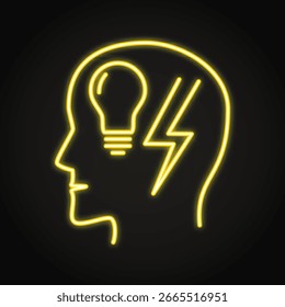 ADHD neon line icon. Head with light bulb and lightning. Attention deficit hyperactivity disorder symbol. Vector illustration