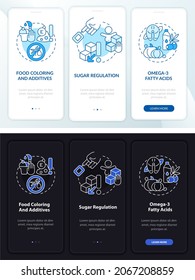 ADHD nutrition onboarding mobile app page screen. Food coloring walkthrough 3 steps graphic instructions with concepts. UI, UX, GUI vector template with linear night and day mode illustrations