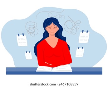 ADHD people concept, woman is a headache because tired of doing work Difficulty learning. Dizzy woman.vector