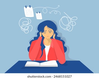 ADHD people concept, woman is a headache because tired of doing work Difficulty learning. Dizzy woman.vector