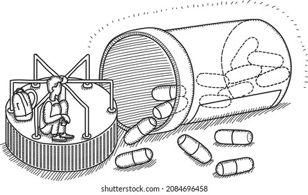 ADHD Pills carousel and the schoolboy - sketchy hand-drawn vector illustration. 