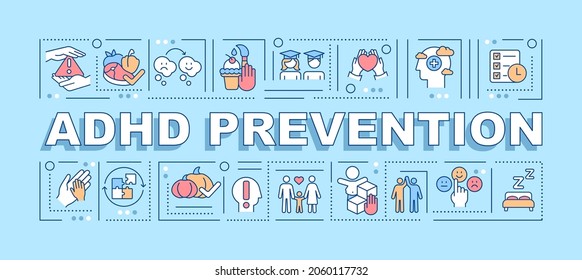 ADHD prevention word concepts banner. Cognitive behavioral therapy. Infographics with linear icons on blue background. Isolated creative typography. Vector outline color illustration with text
