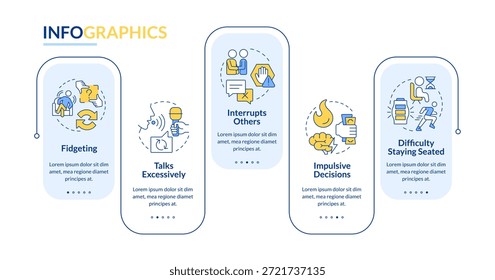 VECTOR de infografía de rectángulo de problemas psicológicos de TDAH. Habilidades de comunicación, autocontrol. Visualización de datos con 5 pasos. Gráfico de opciones rectangulares editable