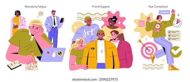 ADHD support illustration focusing on key themes like monotony fatigue, friend support, and achieving tasks. These elements highlight the collaborative approach for managing ADHD effectively. Vector