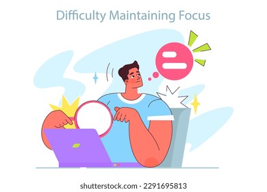 ADHD symptom. Attention deficit hyperactivity disorder signs in adulthood. Neurodiversity, stressful and chaotic behavior. Character has a difficulty maintaining focus. Flat vector illustration