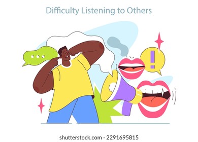 ADHD symptom. Attention deficit hyperactivity disorder signs in adulthood. Neurodiversity, stressful and chaotic behavior. Male character has a dfficulty listening to others. Flat vector illustration