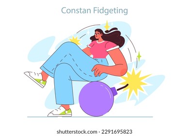 ADHD symptom. Attention deficit hyperactivity disorder signs in adulthood. Neurodiversity, stressful and chaotic behavior. Female character with constant fidgeting. Flat vector illustration