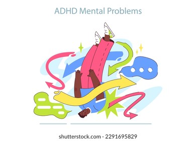 ADHD symptom. Attention deficit hyperactivity disorder signs in adulthood. Neurodiversity, stressful and chaotic behavior. Male character with mental problems. Flat vector illustration