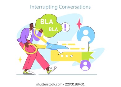 ADHD symptom. Attention deficit hyperactivity disorder signs in adulthood. Neurodiversity, stressful and chaotic behavior. Male character interrupting conversations. Flat vector illustration