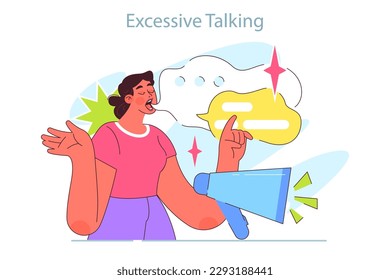 ADHD symptom. Attention deficit hyperactivity disorder signs in adulthood. Neurodiversity, stressful and chaotic behavior. Excessively talkative female character. Flat vector illustration