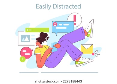 ADHD symptom. Attention deficit hyperactivity disorder signs in adulthood. Neurodiversity, stressful and chaotic behavior. Female character gets easily distracted. Flat vector illustration