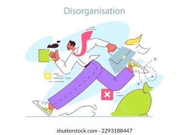 ADHD symptom. Attention deficit hyperactivity disorder signs in adulthood. Neurodiversity, stressful and chaotic behavior. Male character with organization problems. Flat vector illustration