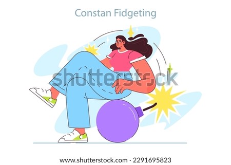 ADHD symptom. Attention deficit hyperactivity disorder signs in adulthood. Neurodiversity, stressful and chaotic behavior. Female character with constant fidgeting. Flat vector illustration