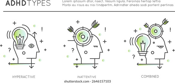 ADHD Types Focus Distraction Neurodivergent Brain Mental Health Vector Flat Minimalist Clipart Time Management Stress Overwhelm Line Inattentive Combined Impulsive Hyperactive Executive Dysfunction