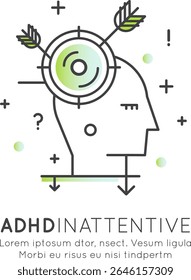 ADHD Types Focus Distraction Neurodivergent BrainMental Health Vector Flat Minimalist Clipart Icon Stress Overwhelm Line Art Inattentive Combined Impulsive Hyperactive Executive Dysfunction