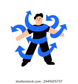 ADHD vector concept with male head in plenty of arrows in doubt. People suffering from ADHD isolated on white. Characters overcoming problems with various tasks, problems and arrows.