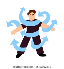 ADHD vector concept with male head in plenty of arrows in doubt. People suffering from ADHD isolated on white. Characters overcoming problems with various tasks, problems and arrows.
