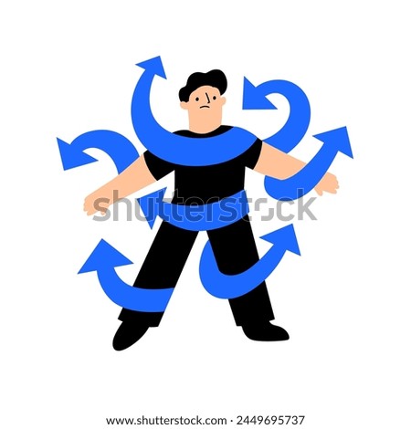 ADHD vector concept with male head in plenty of arrows in doubt. People suffering from ADHD isolated on white. Characters overcoming problems with various tasks, problems and arrows.