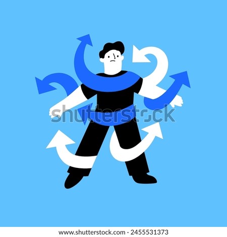 ADHD vector concept with male head in plenty of arrows in doubt. People suffering from ADHD isolated on white. Characters overcoming problems with various tasks, problems and arrows.
