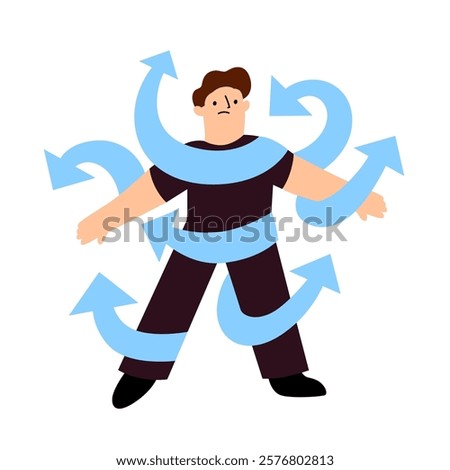 ADHD vector concept with male head in plenty of arrows in doubt. People suffering from ADHD isolated on white. Characters overcoming problems with various tasks, problems and arrows.
