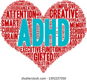 ADHD word cloud on a white background. 