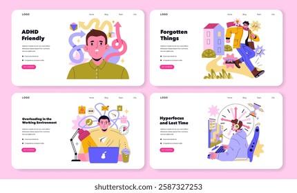 ADHD-friendly design elements that facilitate focus and manage distractions. Illustrations highlight challenges like forgetfulness and overloading in work settings with an emphasis on creating