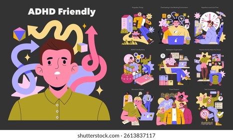 ADHD-friendly illustration explores strategies for managing attention challenges. It features helpful tools, workspaces, social supports, and techniques to improve focus and organization. Vector