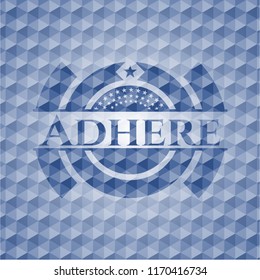 Adhere blue badge with geometric pattern background.