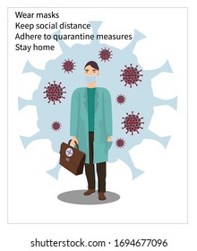 Adhere to quarantine measures. Vector. When a virus is in the air it is necessary to keep up to some discipline. We should work and stay at home. Can be used for medical materials, posters, banners.