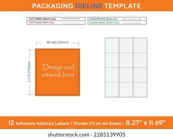 Adhesive Address Labels Dieline Template 72.275 x  66.53mm 