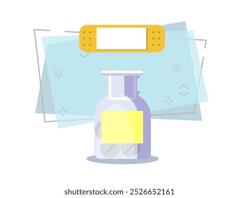 Adhesive bandage and medical bottle. Plaster, patch, flask. Medical aid concept. Vector illustration can be used for topics like wound, bleeding, emergency