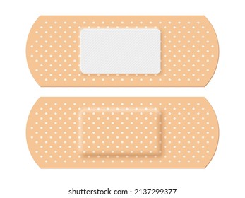 Adhesive bandage set of rectangle shape vector illustration. 3d realistic elastic band aid, back and front view of beige plaster for emergency medical care and wound on skin isolated on white