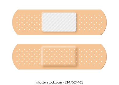 Adhesive bandage set of rectangle shape vector illustration. 3d realistic elastic band aid, back and front view of beige plaster for emergency medical care and wound on skin isolated on white