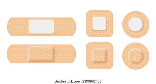 Conjunto de vendas adhesivas de formas rectangulares, cuadradas y redondeadas. 3d ayuda de banda elástica realista, visión frontal y posterior de yeso beige para atención médica de emergencia aislada en blanco.