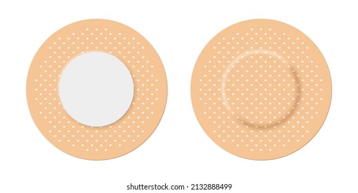 Adhesive bandage set of round shape vector illustration. 3d realistic elastic circle band aid, back and front view of beige plaster for emergency medical care and wound on skin isolated on white