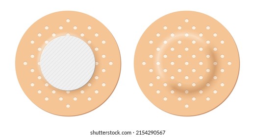 Adhesive bandage set of round shape vector illustration. 3d realistic elastic circle band aid, back and front view of beige plaster for emergency medical care and wound on skin isolated on white