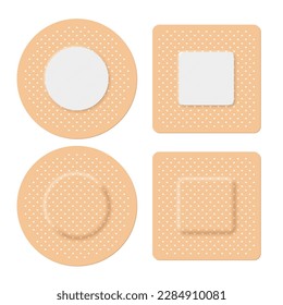 Adhesive bandage set of square and round shapes vector illustration. 3d realistic elastic band aid, back and front view of beige plaster for emergency medical care and wound on skin isolated on white.