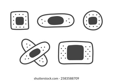 Adhesive Bandage Shape Set. Variation of band aid types. Collection of hand drawn outline medical sticky plasters and patches. Doodle vector illustration. First aid and healthcare sign