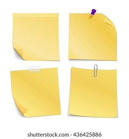 Adhesive blank notes stick with pin, clip and scotch. Paper blank for note message, paper sticker with pin or clip. Vector illustration set