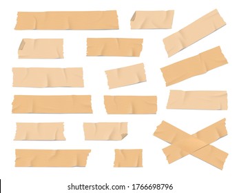 Adhesive, duct or insulating tape pieces realistic vector set. Beige masking tape crumpled stripes with torn, curved edges on white background. Industry, packaging, office supplies,scrapbook element