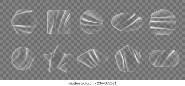 Pegatinas adhesivas geométricas transparentes de plástico, parches de superposición. Etiquetas claras, arrugadas y pegajosas. Formas vectoriales 3d aisladas realistas redondeadas, cuadradas, estelares, pentaedro, hexaedro u ovales y hombus