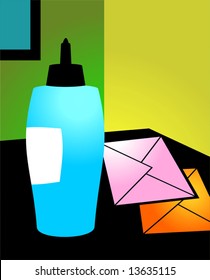 adhesive gum bottle and envelopes	