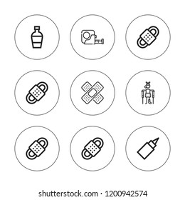 Adhesive icon set. collection of 9 outline adhesive icons with bandage, glue, scotch, plaster, sling icons. editable icons.