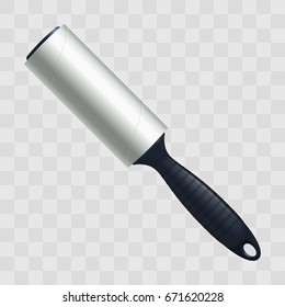 Adhesive lint roller for cleaning suits, dress and getting rid of dandruff, dust, hair, fluff, pet wool. Vector realistic 3D tool with black plastic handle and white disposable sticky paper block.