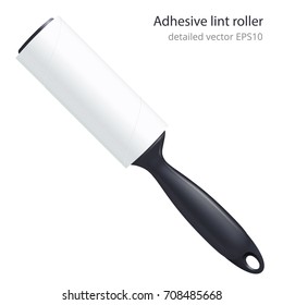 Adhesive lint roller with a sticky paper roll and black grip. Domestic tool for cleaning clothes of dandruff, dust, hair, fluff and pet wool. Vector realistic 3D object isolated on a white background.