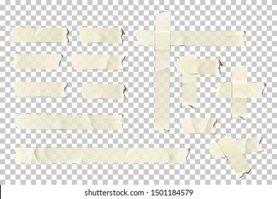 Adhesive or masking tape pieces set. Vector torn masking and adhesive tape parts isolated on transparent background