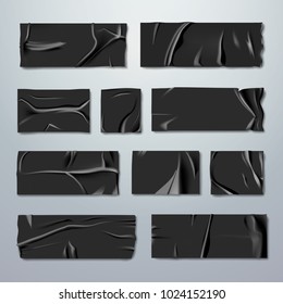 Adhesive or masking tape set. Black rubber insulating tape with folds with ripped edges isolated on background. Fixation or gluing. Repair or packaging theme. Stationery. Vector realistic illustration