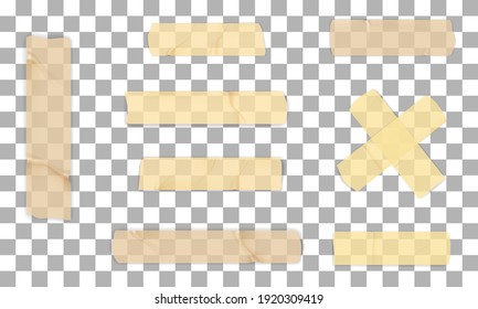 Adhesive or masking tape set isolated on transparent background. Vector realistic beige decorative adhesive tape pieces.