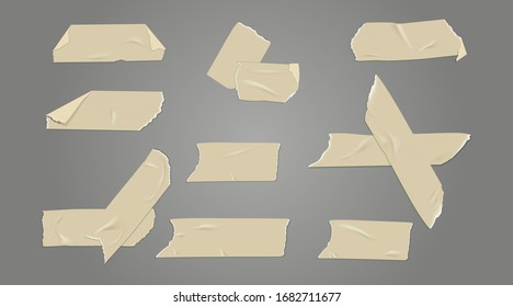 Adhesive and masking tape set  with shadow  isolated on transparent background. Vector realistic  ripped different adhesive tape pieces.