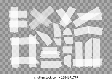 Adhesive and masking tape set  with shadow  isolated on transparent background. Vector realistic  ripped different adhesive tape pieces.
